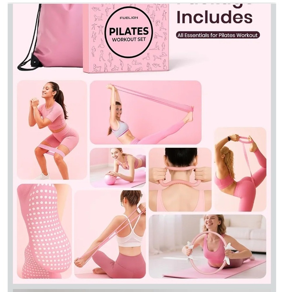 Fuelion Pilates Workout Set Women OS Pink Resistance Bands Ring Ball Kit X00 NWT - Picture 5 of 10